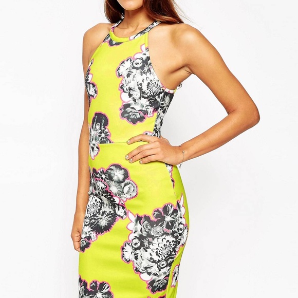 ASOS Lime Yellow Outline Floral Scuba Midi Bodycon Dress Stretch US6 - Picture 4 of 17
